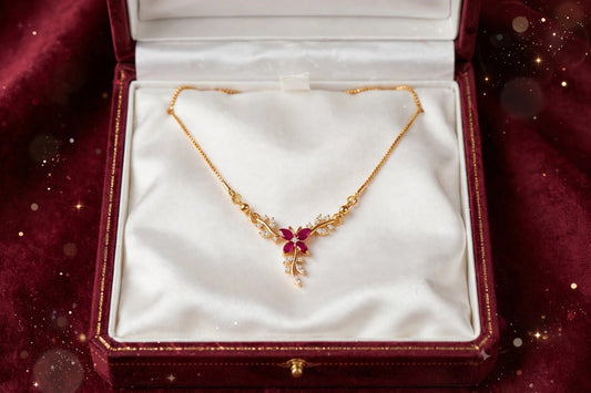 Ruby Flower Leaf Necklace - 22K Gold Plated V-Necklace for Women | With 1 Year Guarantee