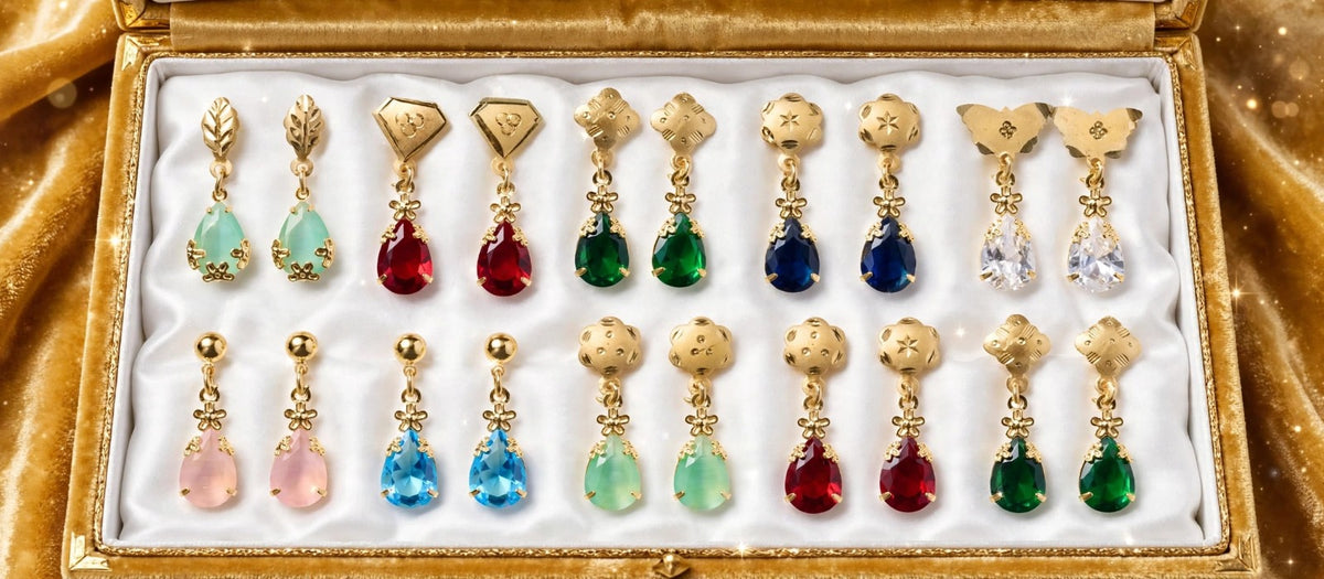 BUY 1 GET 1 FREE - Set of 10 Teardrop Earrings - 22K Gold Plated Small Drop Dangler Earrings Combo - Daily Wear Colorful Earrings for Women