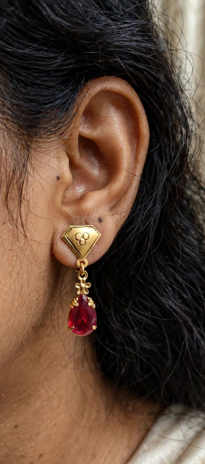 Combo of 2 - Mint Green & Ruby Red Teardrop Earrings - 22K Gold Plated Dangler Earrings for Women - Daily Wear Small Earrings