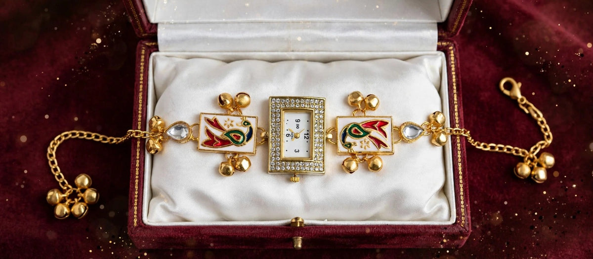 Peacock Bajuband Watch Bracelet - 22K Gold Plated Rectangular Dial Watch with Meena Work & Ghungroo | Bridal Armlet | With 1 Year Guarantee