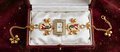 Peacock Bajuband Watch Bracelet - 22K Gold Plated Rectangular Dial Watch with Meena Work & Ghungroo | Bridal Armlet | With 1 Year Guarantee
