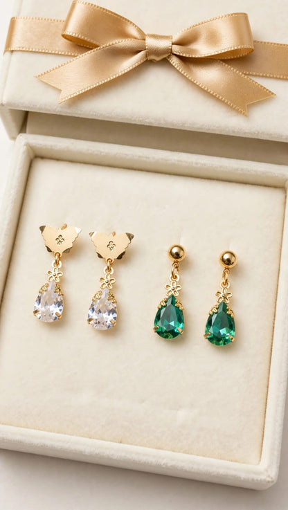 Combo of 2 - Clear White & Teal Green Teardrop Earrings - 22K Gold Plated Dangler Earrings - Butterfly Top Daily Wear Earrings