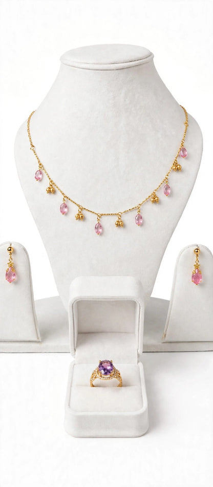 Pink Drop Necklace Combo Set - 22K Gold Plated Necklace with Earrings & Ring - 3 in 1 Jewelry Combo Set for Women | Party Wear