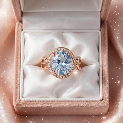 Round Diamond Halo Ring - Rose Gold Plated Adjustable Cocktail Ring with Big Stone | With 1 Year Guarantee MA STORE Diamond Ring - Rose Gold Ring - Adjustable Cocktail Ring for Women