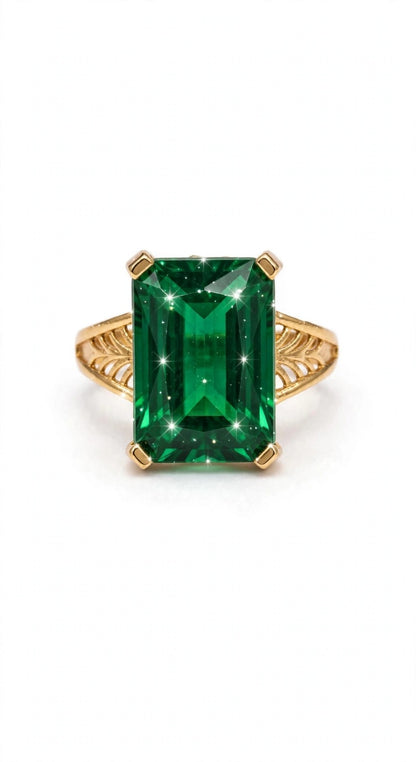 Emerald Green Rectangle Ring - 22K Gold Plated Big Stone Adjustable Ring | With 1 Year Guarantee MA STORE Green Stone Ring - Emerald Cut Panna Ring - 22K Gold Plated Cocktail Ring