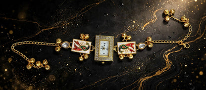 Peacock Bajuband Watch Bracelet - 22K Gold Plated Rectangular Dial Watch with Meena Work & Ghungroo | Bridal Armlet | With 1 Year Guarantee