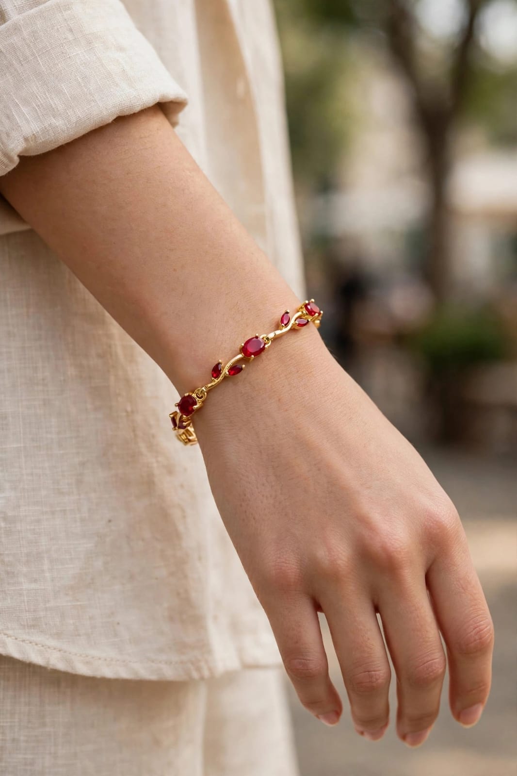 Ruby Red Crystal Vine Bracelet - 22K Gold Plated Floral Bracelet | 1 Year Guarantee. MA STORE Red Stone Leaf Bracelet for Women - Ruby Floral Vine Bracelet 22K Gold Plated