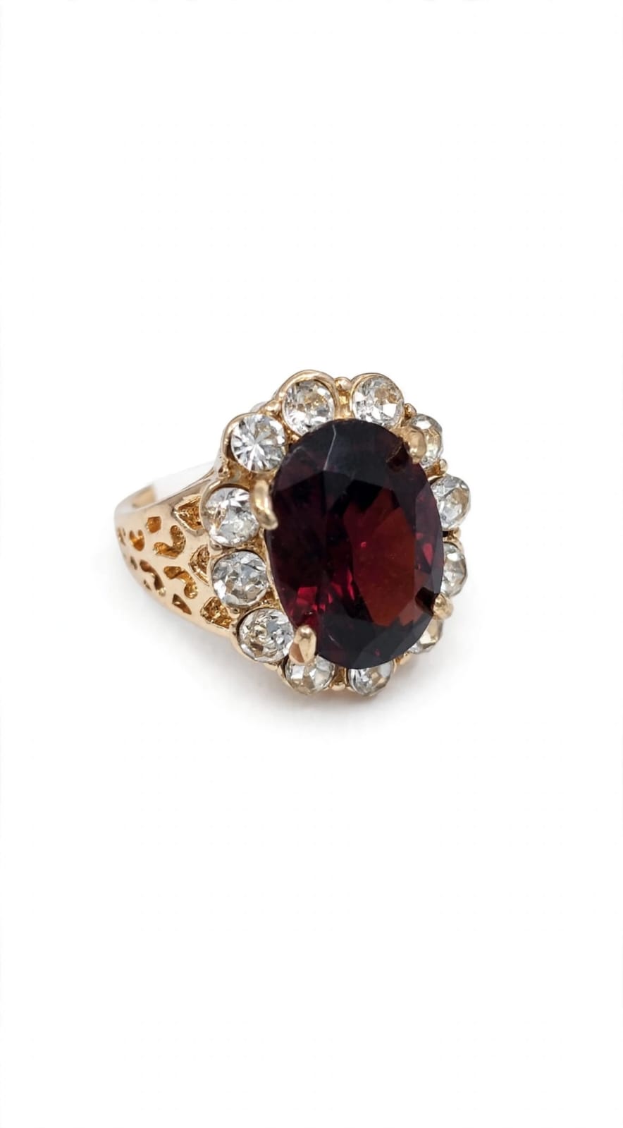 Wine Red Stone Ring - 22K Gold Plated Oval Cocktail Ring with White Halo & Jali Work | With 1 Year Guarantee MA STORE Red Stone Ring - Garnet Wine Ring - 22K Gold Plated Maharani Cocktail Ring