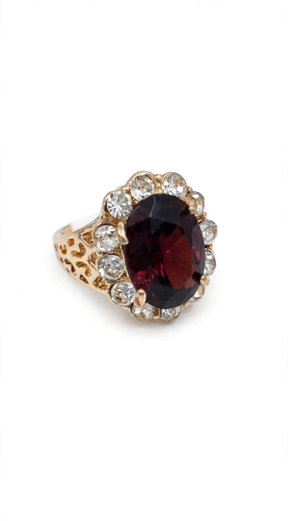 Wine Red Stone Ring - 22K Gold Plated Oval Cocktail Ring with White Halo & Jali Work | With 1 Year Guarantee MA STORE Red Stone Ring - Garnet Wine Ring - 22K Gold Plated Maharani Cocktail Ring