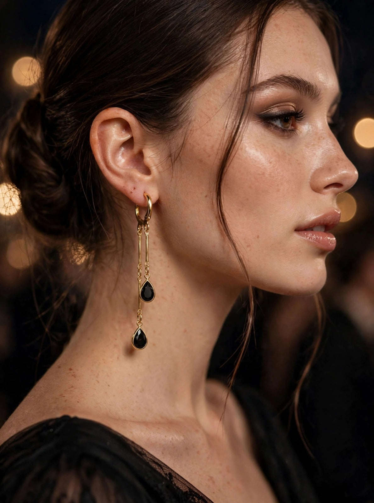 Midnight Black Double Drop Earrings - 22K Gold Plated Korean Dangler Earrings | With 1 Year Guarantee MA STORE Black Stone Drop Earrings - Long Chain Dangler Earrings for Women - 22K Gold Plated
