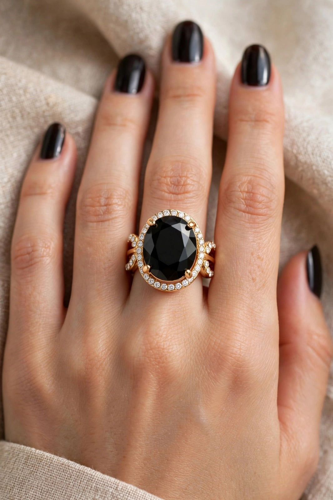 Black Onyx Oval Ring - 22K Gold Plated Adjustable Cocktail Ring with White Halo | With 1 Year Guarantee MA STORE Black Stone Ring - Oval Cocktail Ring for Women - 22K Gold Plated Adjustable