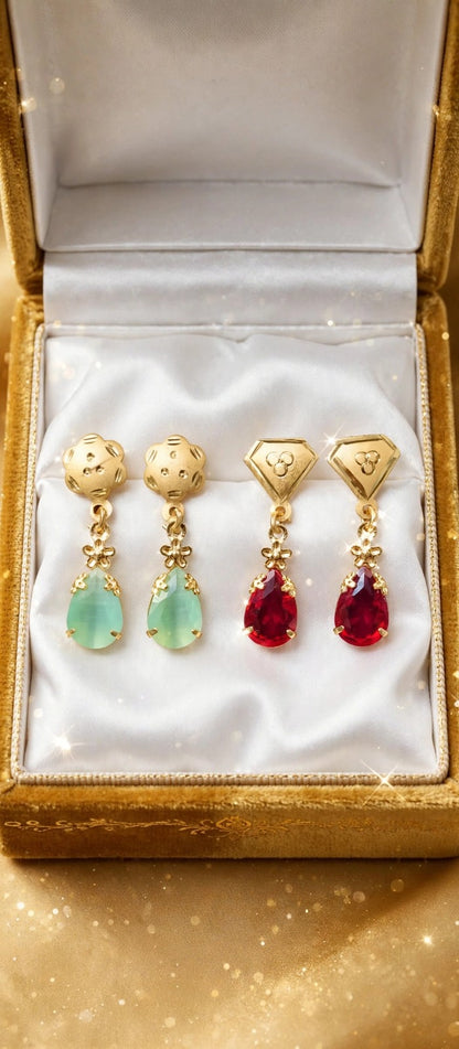 Combo of 2 - Mint Green & Ruby Red Teardrop Earrings - 22K Gold Plated Dangler Earrings for Women - Daily Wear Small Earrings