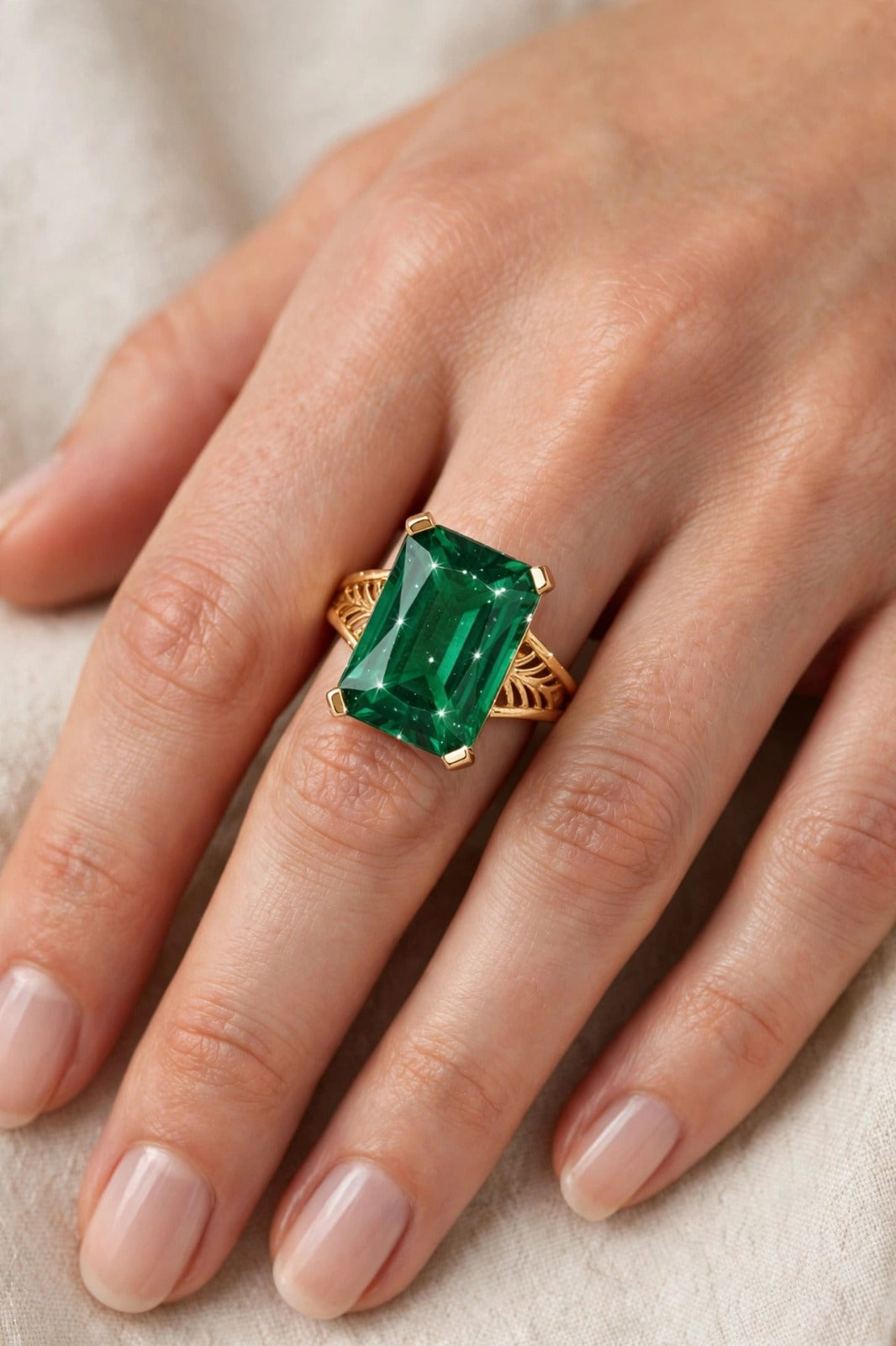 Emerald Green Rectangle Ring - 22K Gold Plated Big Stone Adjustable Ring | With 1 Year Guarantee MA STORE Green Stone Ring - Emerald Cut Panna Ring - 22K Gold Plated Cocktail Ring