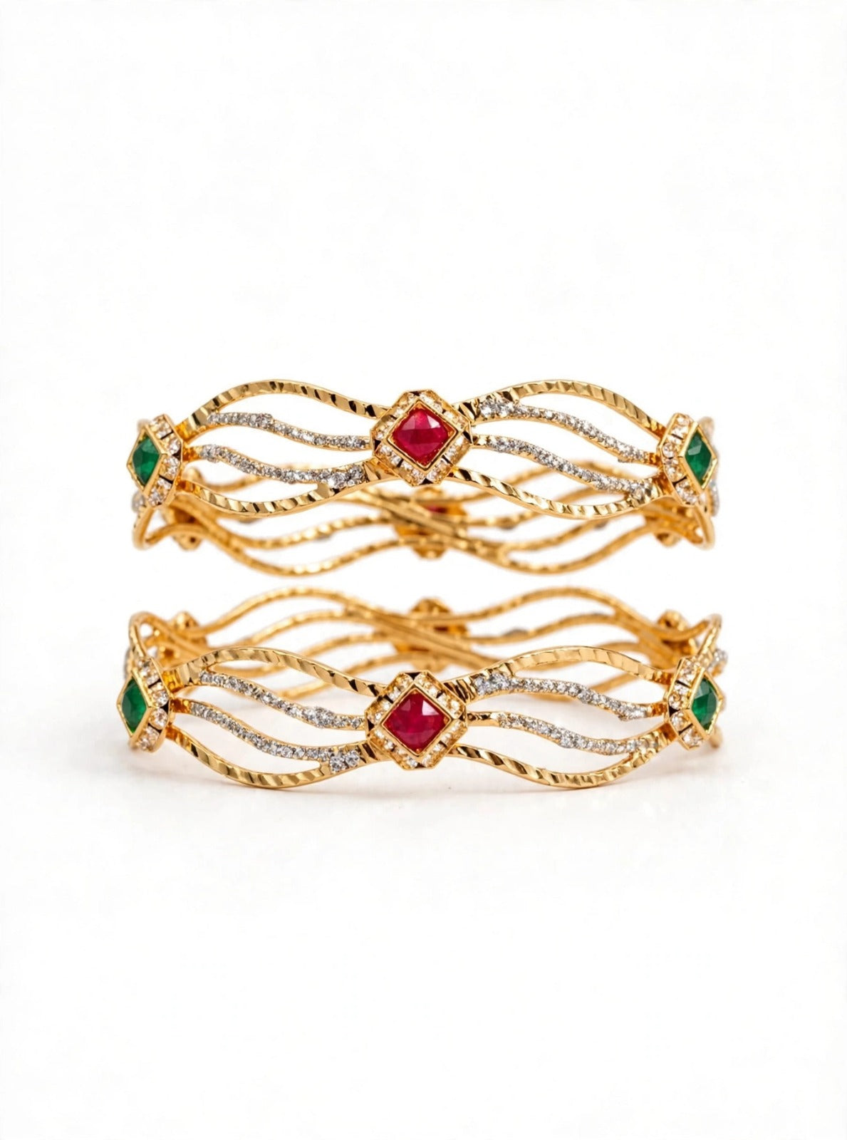 Ruby Red & Emerald Green Diamond Bangle Pair - 22K Gold Plated Wave Kada Set | 1 Year Guarantee MA STORE Red Green Stone Bangle Pair - Bridal Kada Set of 2 - Ruby Emerald AD Bangles 22K Gold Plated