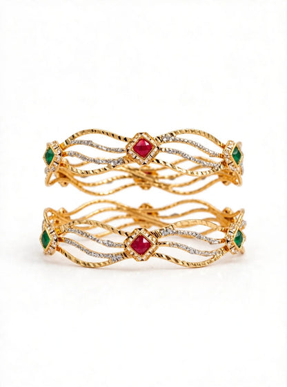 Ruby Red & Emerald Green Diamond Bangle Pair - 22K Gold Plated Wave Kada Set | 1 Year Guarantee MA STORE Red Green Stone Bangle Pair - Bridal Kada Set of 2 - Ruby Emerald AD Bangles 22K Gold Plated