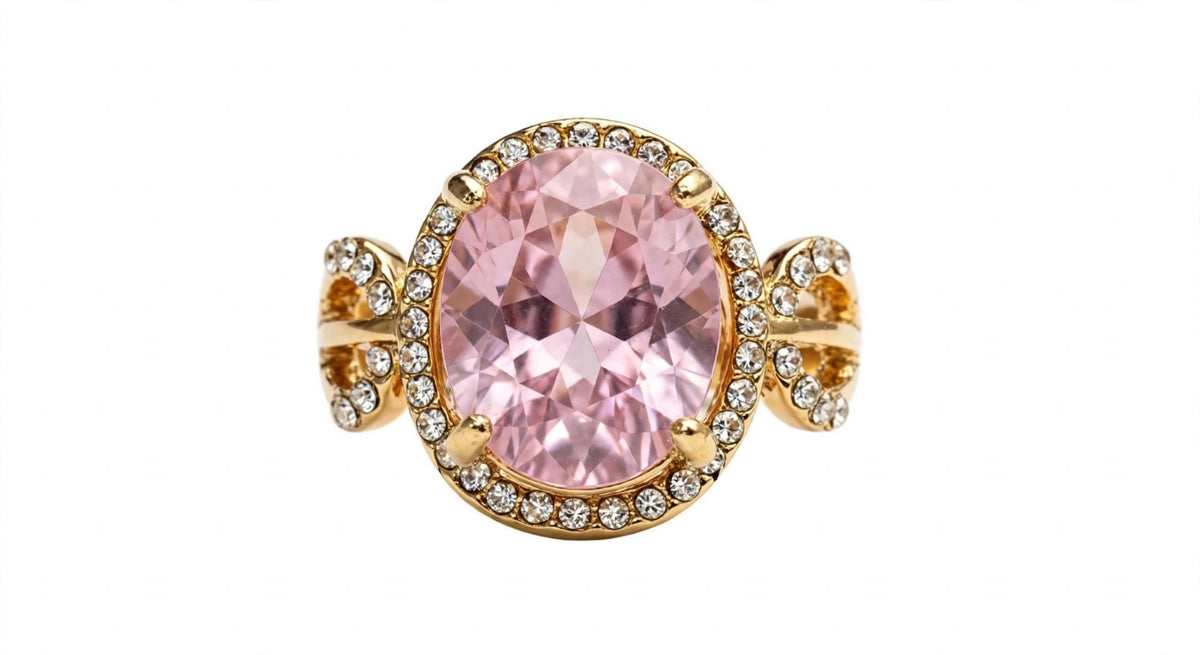 Baby Pink Oval Ring - 22K Gold Plated Morganite Look Cocktail Ring with White Diamond Halo | With 1 Year Guarantee