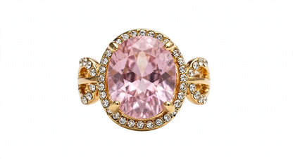Baby Pink Oval Ring - 22K Gold Plated Morganite Look Cocktail Ring with White Diamond Halo | With 1 Year Guarantee
