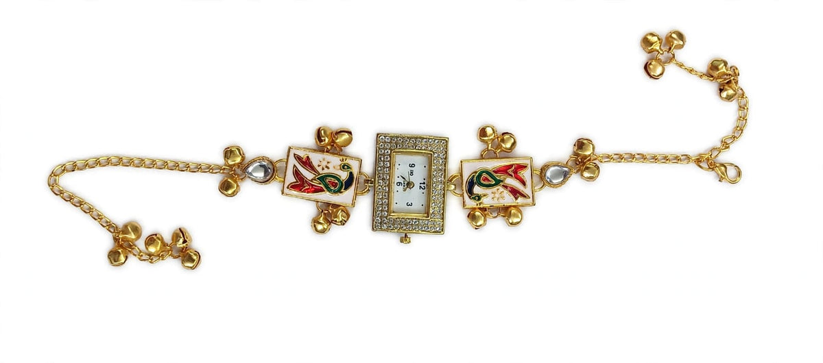 Peacock Bajuband Watch Bracelet - 22K Gold Plated Rectangular Dial Watch with Meena Work & Ghungroo | Bridal Armlet | With 1 Year Guarantee