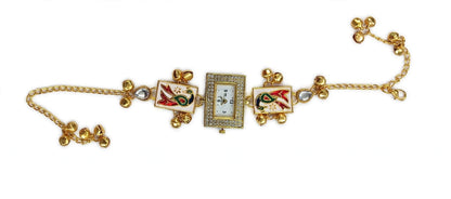 Peacock Bajuband Watch Bracelet - 22K Gold Plated Rectangular Dial Watch with Meena Work & Ghungroo | Bridal Armlet | With 1 Year Guarantee