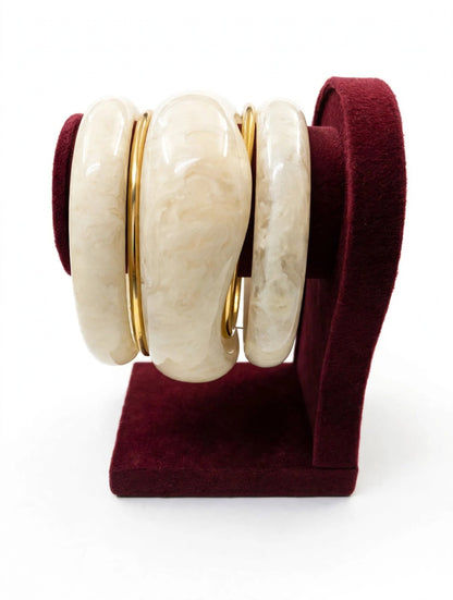 Cream Marble Acrylic Bangle Stack - Set of 5 Bangles | Ivory White Chunky Bangles | 22K Gold Plated With 1 Year Guarantee MA STORE Off-White Acrylic Bangle Set for Women - Set of 5 - Ivory Resin Bangles with Gold Bangles