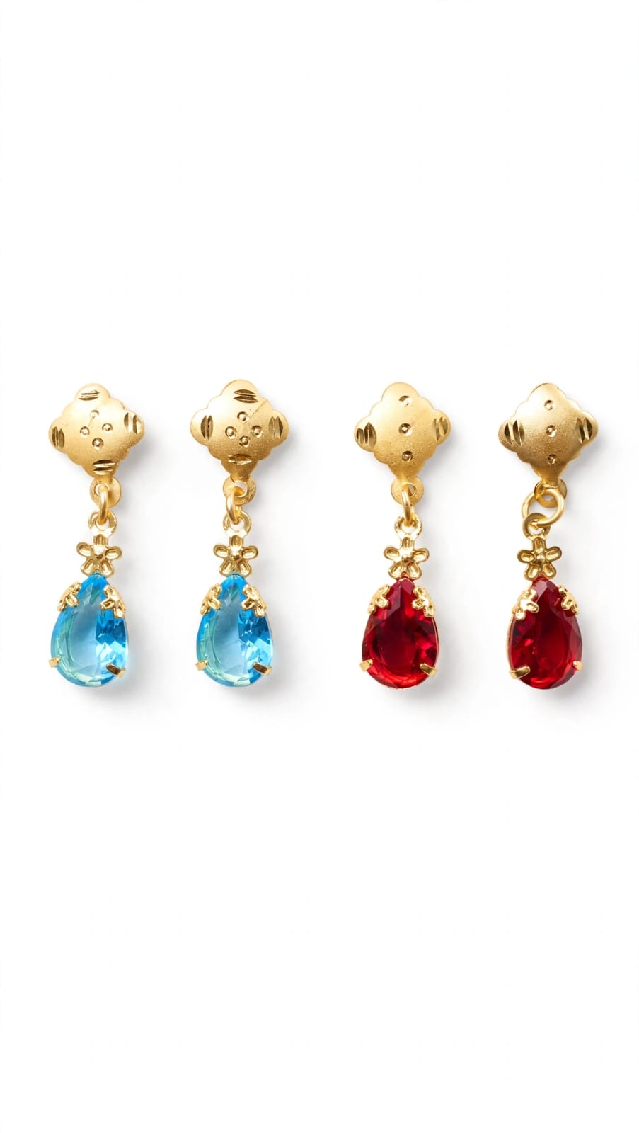 Combo of 2 - Aqua Blue & Ruby Red Teardrop Earrings - 22K Gold Plated Dangler Earrings - Small Drop Earrings for Girls