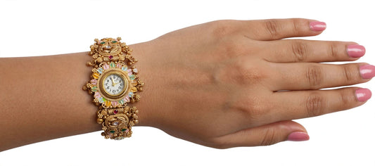 Rajwadi Bajuband Watch - 22K Gold Plated Antique Bajubandh / Armlet with Watch | Meena Work Bridal Bajuband | With 1 Year Guarantee