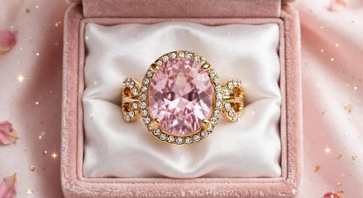 Baby Pink Oval Ring - 22K Gold Plated Morganite Look Cocktail Ring with White Diamond Halo | With 1 Year Guarantee