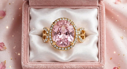Baby Pink Oval Ring - 22K Gold Plated Morganite Look Cocktail Ring with White Diamond Halo | With 1 Year Guarantee