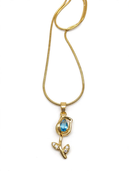Blue Tulip Rose Pendant Necklace - 22K Gold Plated Korean Chain with Blue Stone | With 1 Year Guarantee MA STORE Blue Tulip Necklace - Rose Pendant Chain - 22K Gold Plated Korean Necklace for Girls