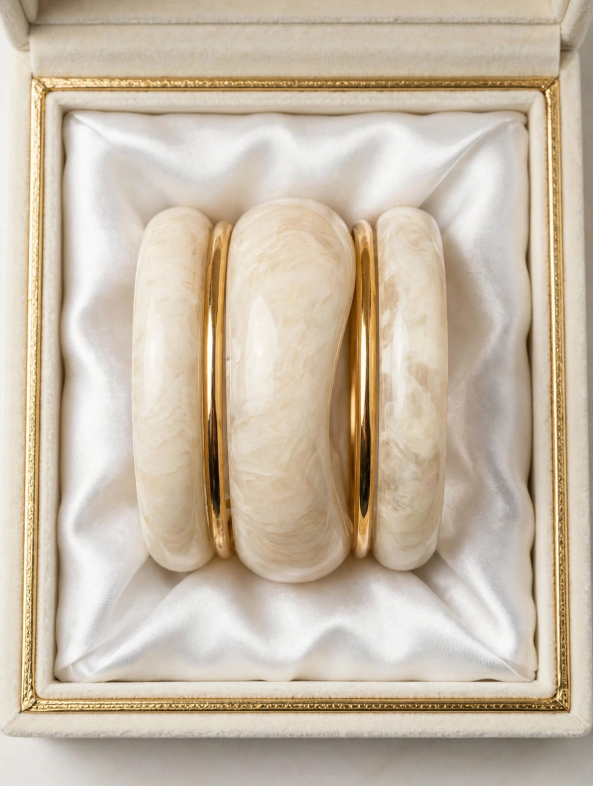 Cream Marble Acrylic Bangle Stack - Set of 5 Bangles | Ivory White Chunky Bangles | 22K Gold Plated With 1 Year Guarantee MA STORE Off-White Acrylic Bangle Set for Women - Set of 5 - Ivory Resin Bangles with Gold Bangles