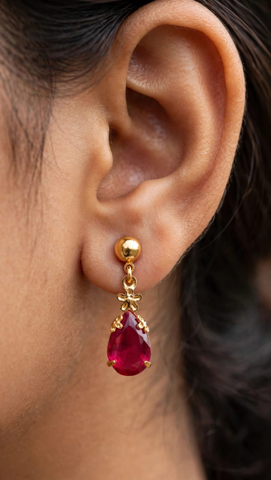 Emerald Green & Ruby Pink Teardrop Earrings - 22K Gold Plated Dangler Earrings for Women - Small Daily Wear Earrings